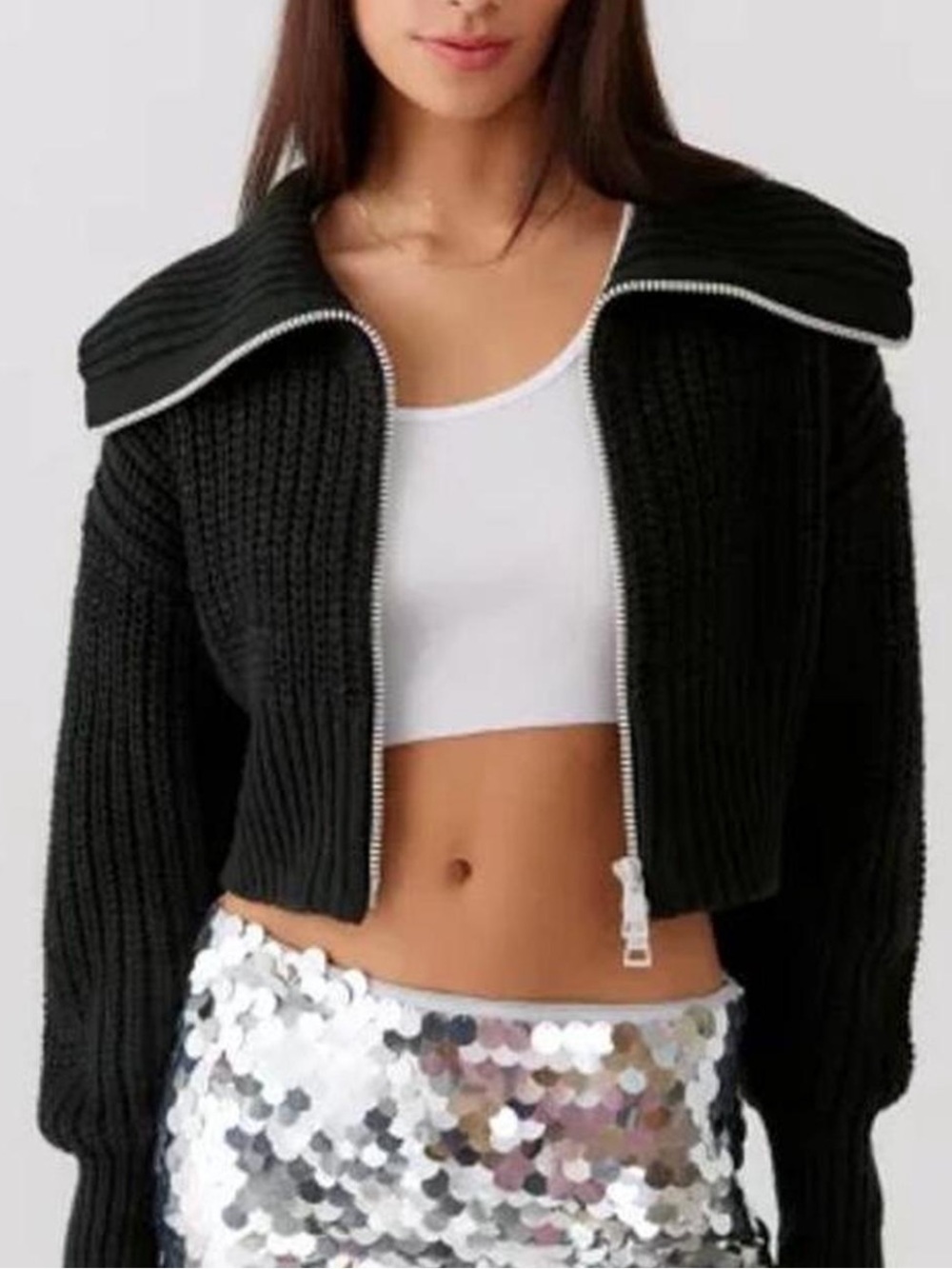 Urban Outfitters Black Sunny Collared Cropped Zip-Up Cardigan Knit medium M